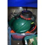 Box of safety helmets, visors, high-viz etc