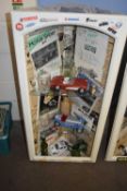Motoring interest - a corner cabinet decorated with motoring ephemera together with shelf contents