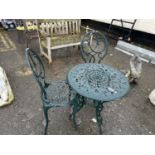 Cast aluminium garden table and two chairs