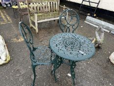Cast aluminium garden table and two chairs