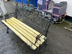 Cast iron garden bench with vine leaf decorated back and wooden slatted seat, 120cm wide