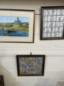 Watercolour study, Spitfires together with two framed sets of cigarette cards (3)