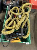 Box of various assorted tools, tow rope etc