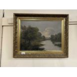 River landscape signed Burton, oil on canvas, gilt moulded frame