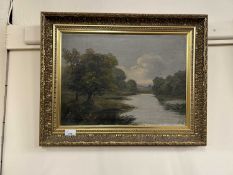 River landscape signed Burton, oil on canvas, gilt moulded frame