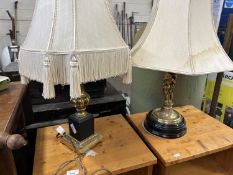 Table lamp with brass figural base together with a further table lamp with polished stone and