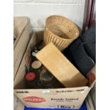 Box of various pickling jars, small footstool etc