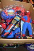 Box of various Spiderman toys
