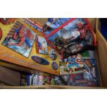 Box of various Spiderman toys and other items