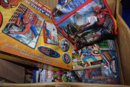 Box of various Spiderman toys and other items