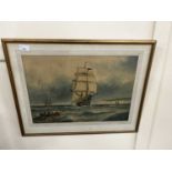 Watercolour of ship at sea, unsigned, framed and glazed