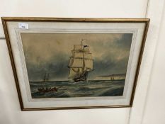 Watercolour of ship at sea, unsigned, framed and glazed