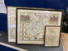 Three reproduction coloured maps, Surrey, Huntingdonshire, Saxtons Map of Kent, Sussex, Surrey and