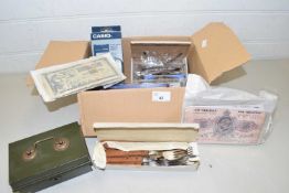 Mixed Lot: Vintage cash tin, assorted as new reading glasses, laser pointer and other items