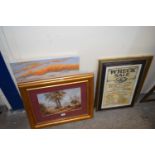 Mixed Lot: Canvas print, seascape, framed rural scene, reproduction Auction poster and a mirror (4)