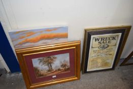 Mixed Lot: Canvas print, seascape, framed rural scene, reproduction Auction poster and a mirror (4)