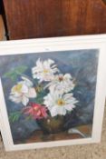 E Fearnley, Peonies and Roses, oil on board, framed