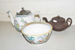 Mixed Lot: Pewter lidded teapot, sugar basin and a further brown floral decorated teapot (3)