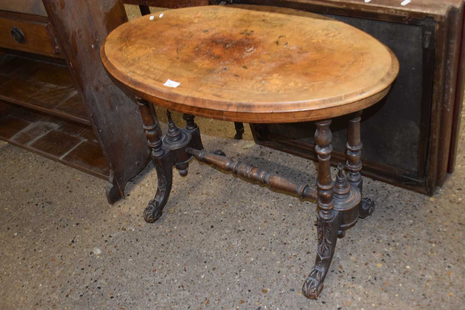 Victorian walnut veneered oval topped centre table on turned frame, 90cm wide