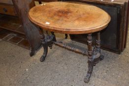 Victorian walnut veneered oval topped centre table on turned frame, 90cm wide