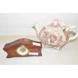 Small mantel clock in inlaid case together with a Victorian teapot (2)