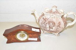 Small mantel clock in inlaid case together with a Victorian teapot (2)