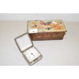 McFarlan Lang & Co vintage biscuit tin together with a Janelle travel clock