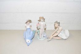 Lladro model of a girl with flowers and a bird together with a Nao model of a ballerina and a