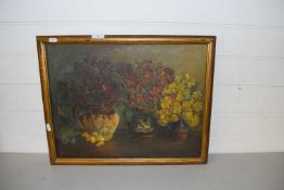20th Century school still life study Jugs of Flowers, oil on canvas, gilt framed
