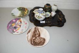 Small lacquered tray and various vases and ceramics