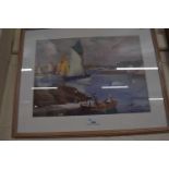 Boats in a harbour by Frank Sherwin, reproduction print, glazed and framed