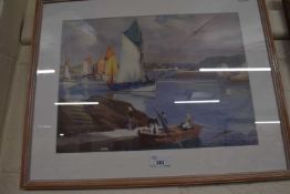 Boats in a harbour by Frank Sherwin, reproduction print, glazed and framed