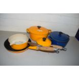 Quantity of Le Creuset saucepans, frying pan, vegetable dish etc