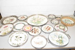 Mixed Lot: A collection of various continental porcelain and metal galleried serving trays, coasters