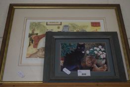 Print of cats on a chaise by Linda Jane Smith together with another similar, both framed and