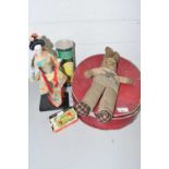 Mixed Lot: Vintage toy rabbit, a small Geisha doll, a collapsible top hat by The City Cork Hat