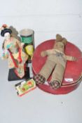 Mixed Lot: Vintage toy rabbit, a small Geisha doll, a collapsible top hat by The City Cork Hat