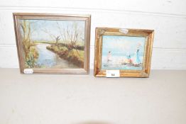 Two small contemporary oils to include Beryl Johns, study of a river scene and a further beach