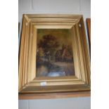 19th Century school, study of a country cottage by a riverside, oil on canvas, gilt framed (a/f)