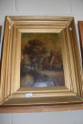 19th Century school, study of a country cottage by a riverside, oil on canvas, gilt framed (a/f)