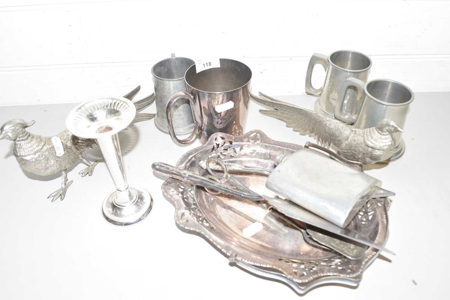Mixed Lot: Pewter tankard, silver plated wares, a pair of table pheasants, table decorations,