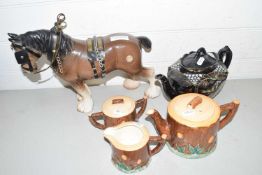 Mixed Lot: A Keele treetrunk formed tea set, a black glazed Victorian teapot and a large ceramic