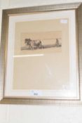 Ox and ploughing, engraving, framed and glazed