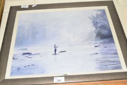 Fly Fishing by Michael Morley dated 16, oil on board, framed