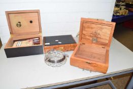 Mixed Lot: Three small cigar or humidor boxes all relatively modern together with leather cigar