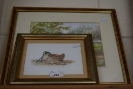 Picture of nesting bird, watercolour together with another similar smaller (2)