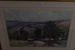 Country path with hills beyond by Sydney Brown, circa 1950, glazed and framed