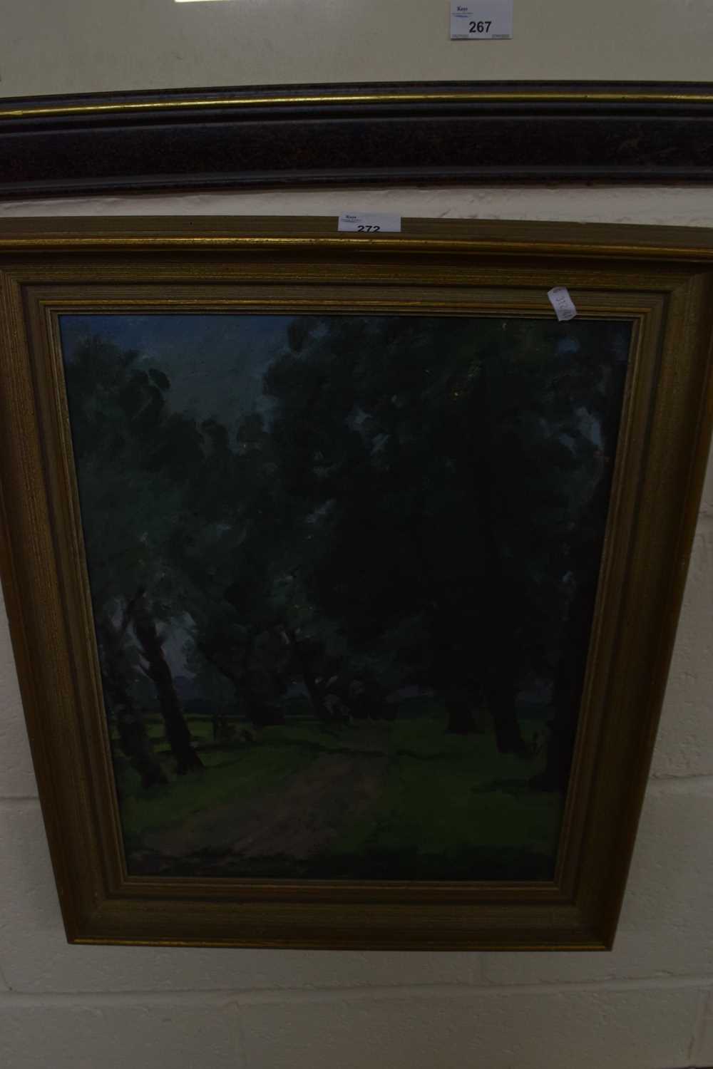 Woodland path, oil on board, unsigned, framed