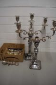 Pair of large silver plated candleabra together with a quantity of assorted cutlery