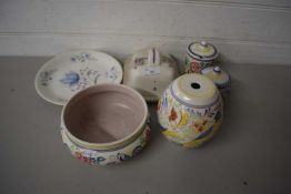 Mixed Lot: Poole Pottery wares to include butter dish, bowls, lamp base etc